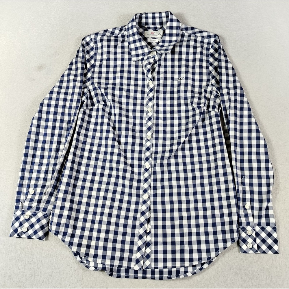 Vineyard Vines Shirt Womens 00 Blue White Gingham Check Button Front Long Sleeve